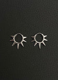 A pair of silver hoop earrings with a sunburst design. Each earring has a circular hoop with multiple pointed spikes radiating outwards. Handmade stainless steel earrings with a geometric sun design.
