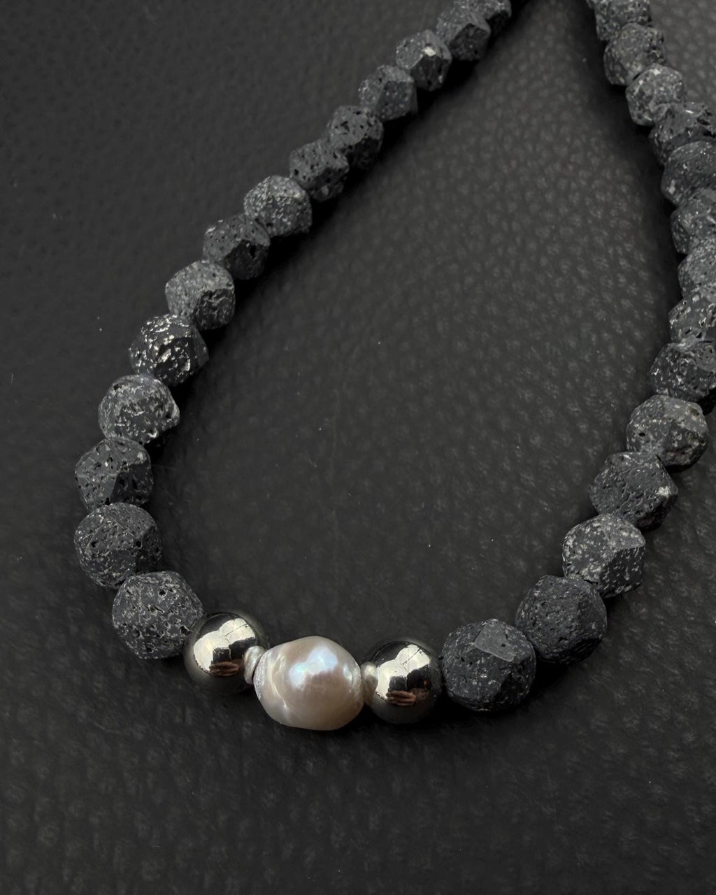 LJÓSBRUNNUR | Handmade Lava Stone & Pearl Necklace | Dark Minimal Jewelry