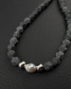 LJÓSBRUNNUR | Handmade Lava Stone & Pearl Necklace | Dark Minimal Jewelry