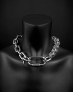 A handmade silver industrial chain necklace with large, thick, rectangular links. The necklace is made of stainless steel. The necklace is made half-half from thick 6mm chain and glass clear beads.The necklace includes a quick link carabiner and a smiley pendant.