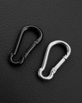 A silver stainless steel carabiner in black and silver