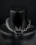 A handmade silver industrial chain necklace with large, chunky, rectangular links. The necklace is made of stainless steel. The necklace is made half-half from thick 4mm chain and 12mm glass transparent beads. The necklace includes a quick link carabiner and a smiley pendant.
