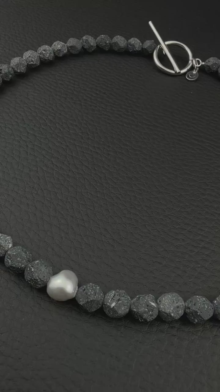 LJÓSBRUNNUR II | Handmade Lava Stone & Pearl Necklace | Dark Minimal Jewelry