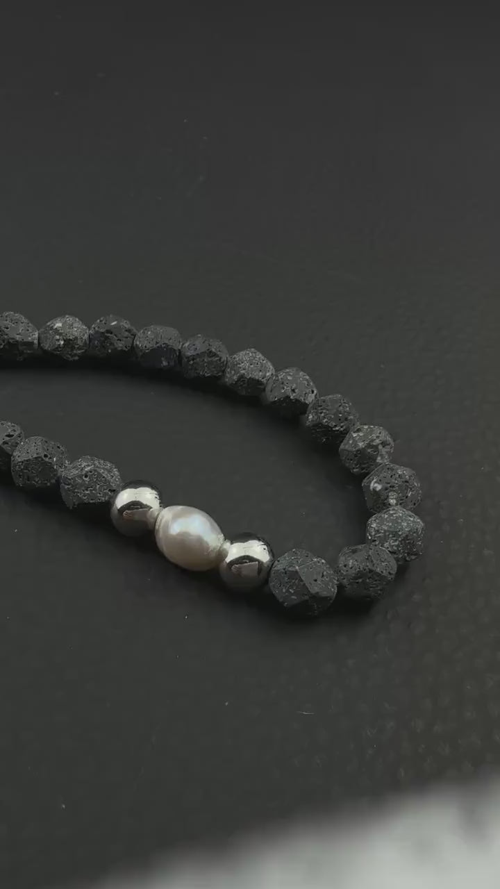 LJÓSBRUNNUR | Handmade Lava Stone & Pearl Necklace | Dark Minimal Jewelry